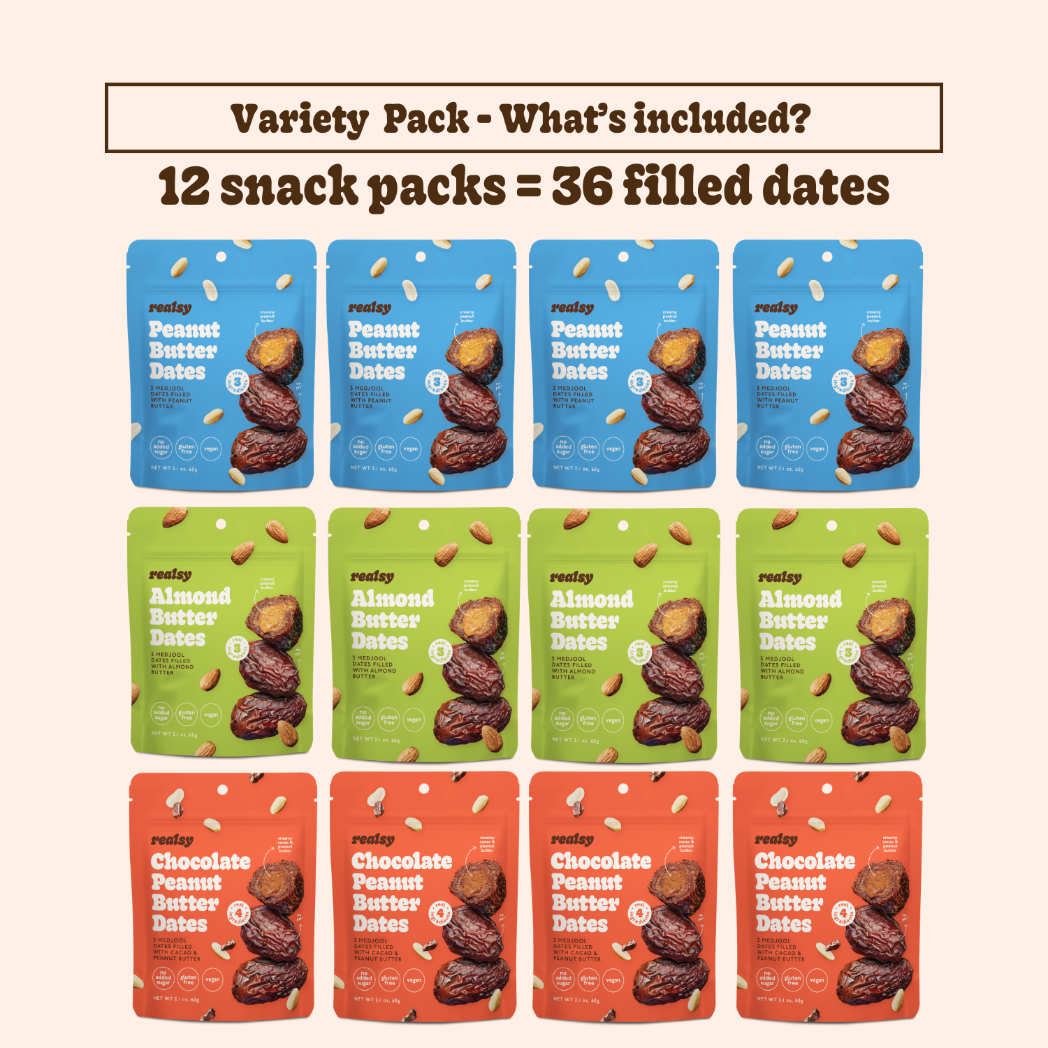 Variety Pack Nut Butter Dates | Snack Packs